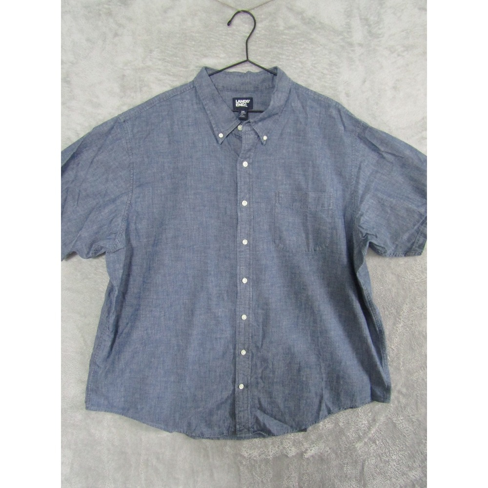 Lands End Mens Blue Chambray Button Down Short‎ Sleeve Shirt Traditional Fit 2XL